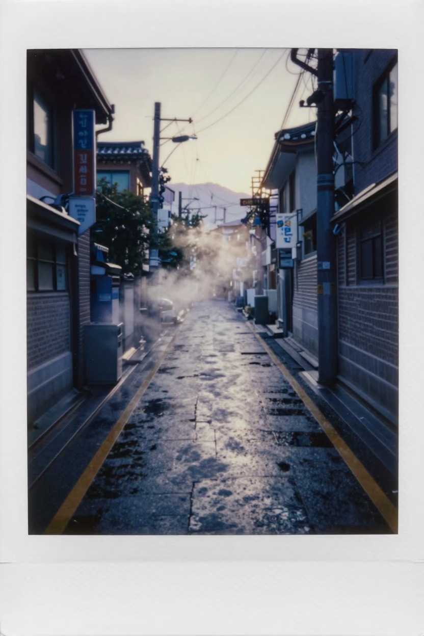 Early Morning Seoul Street Scene with Steam and Wet Pavement Before Sunrise in in Seoul, South Korea