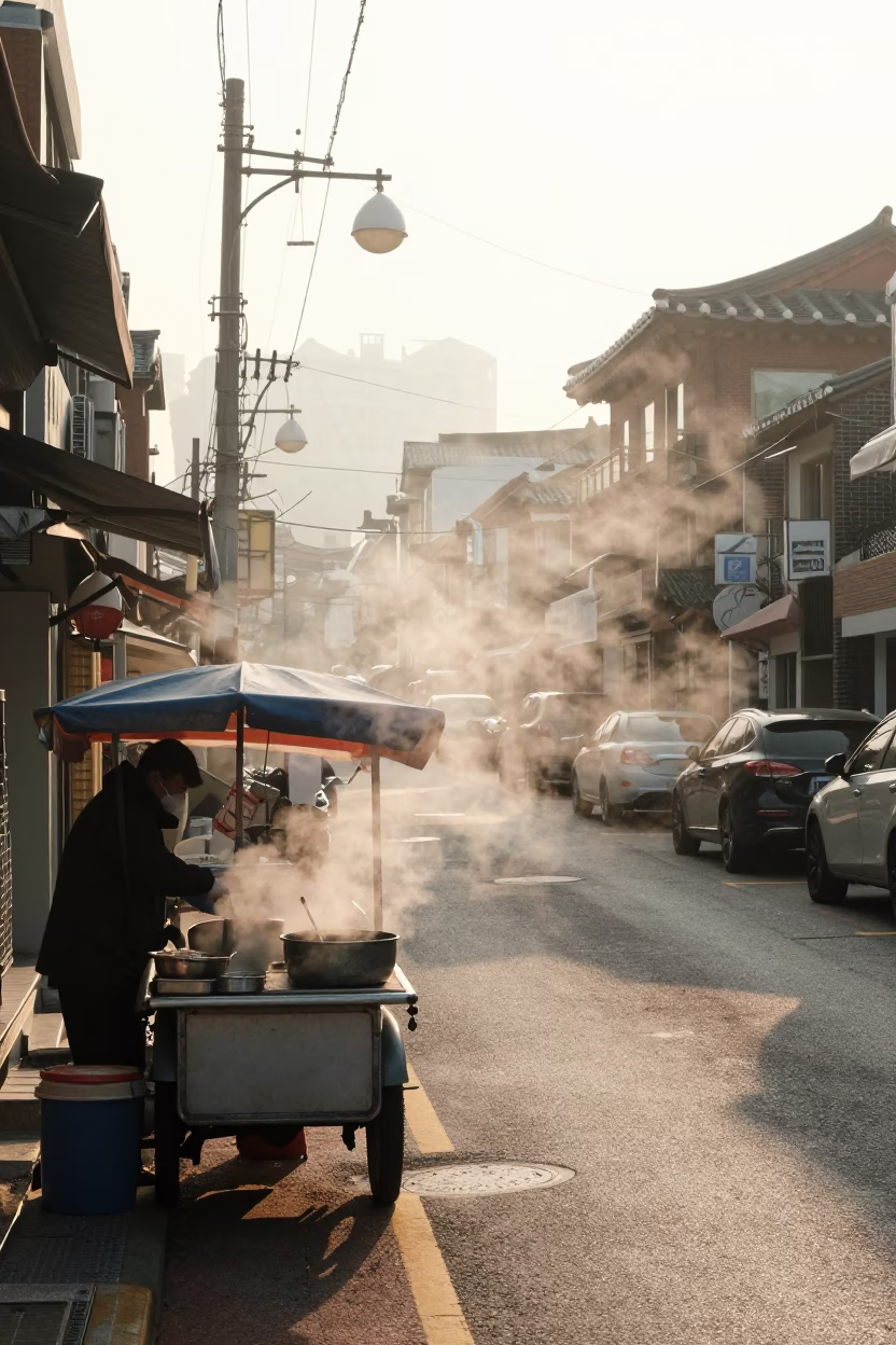 Early Morning Seoul Street Scene with Steam Haze and Local Market Activity in in Seoul, South Korea