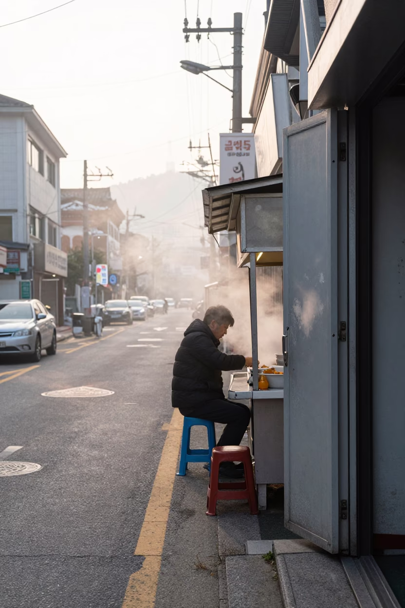 Early Morning Seoul Street Scene with Steam Haze and Traditional Korean Breakfast in in Seoul, South Korea