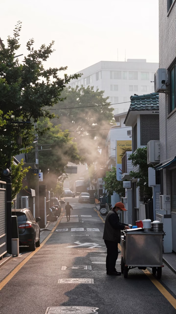 Early Morning Seoul Street Scene with Steam Haze and Urban Details in in Seoul, South Korea