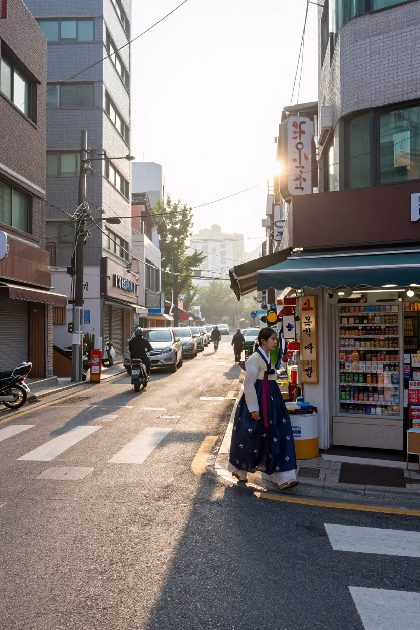 Early Morning Seoul Street Scene with Sunlight and Urban Life in in Seoul, South Korea