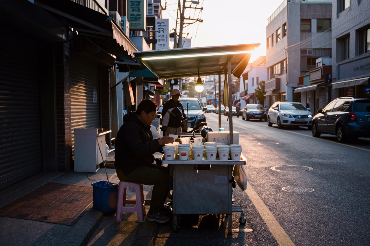 Early Morning Seoul Street Scene with Sunlight on Cup and Hammer in in Seoul, South Korea