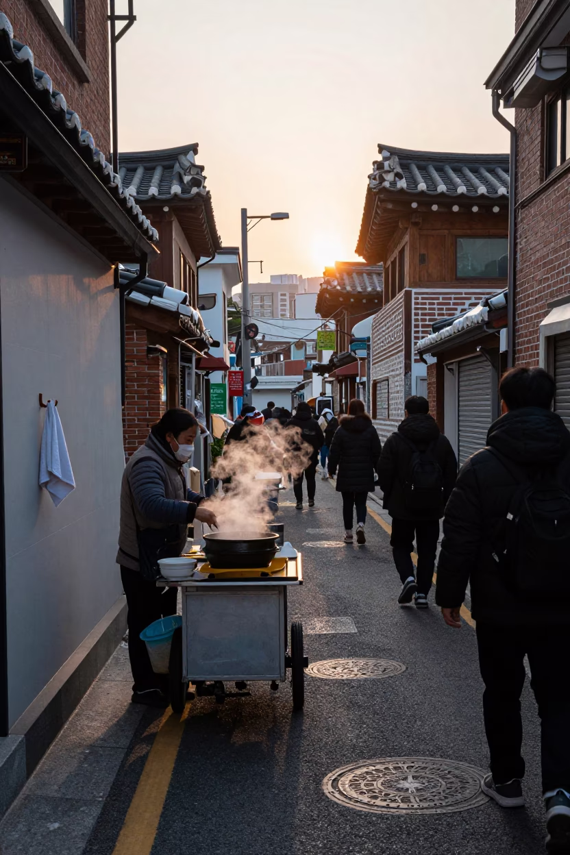 Early Morning Seoul Street Scene with Towel Hook and Traditional Korean Breakfast in in Seoul, South Korea
