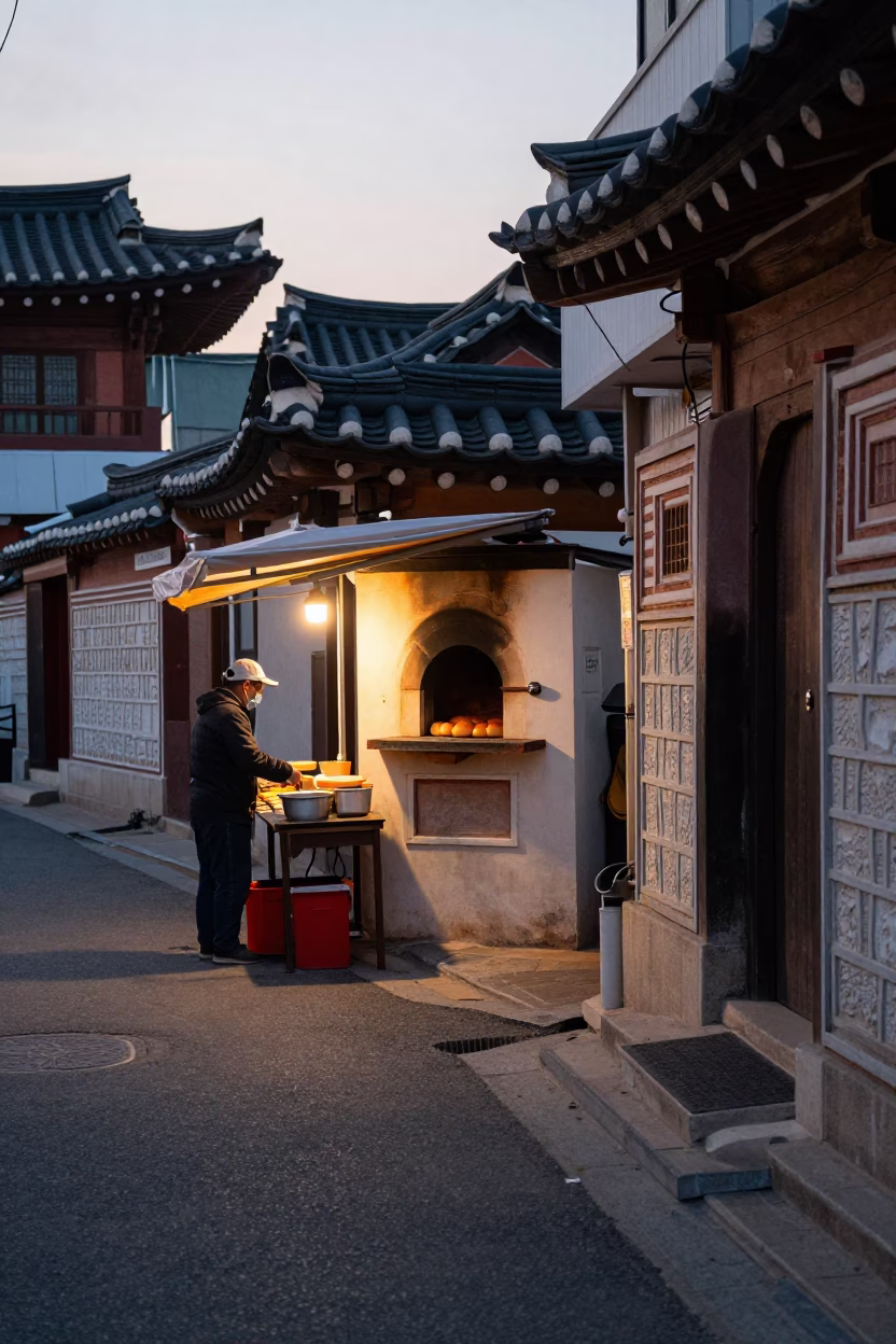 Early Morning Seoul Street Scene with Traditional Bread Oven and Cooking Pot in in Seoul, South Korea