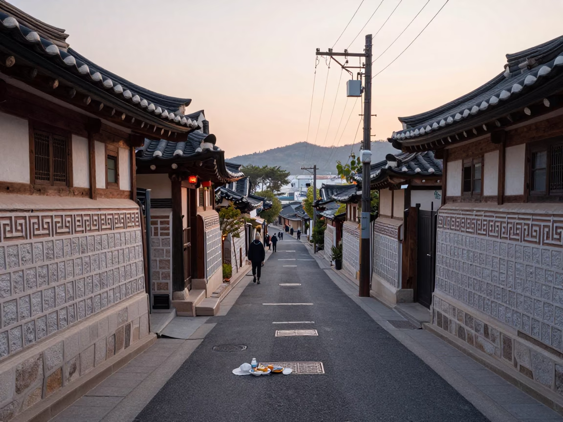 Early Morning Seoul Street Scene with Traditional Breakfast Items and Urban Architecture in in Seoul, South Korea