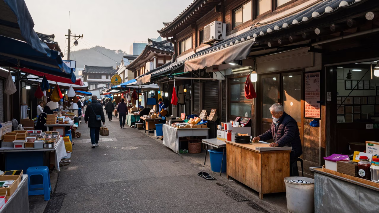 Early Morning Seoul Street Scene with Traditional Market Stalls and Morning Light in in Seoul, South Korea