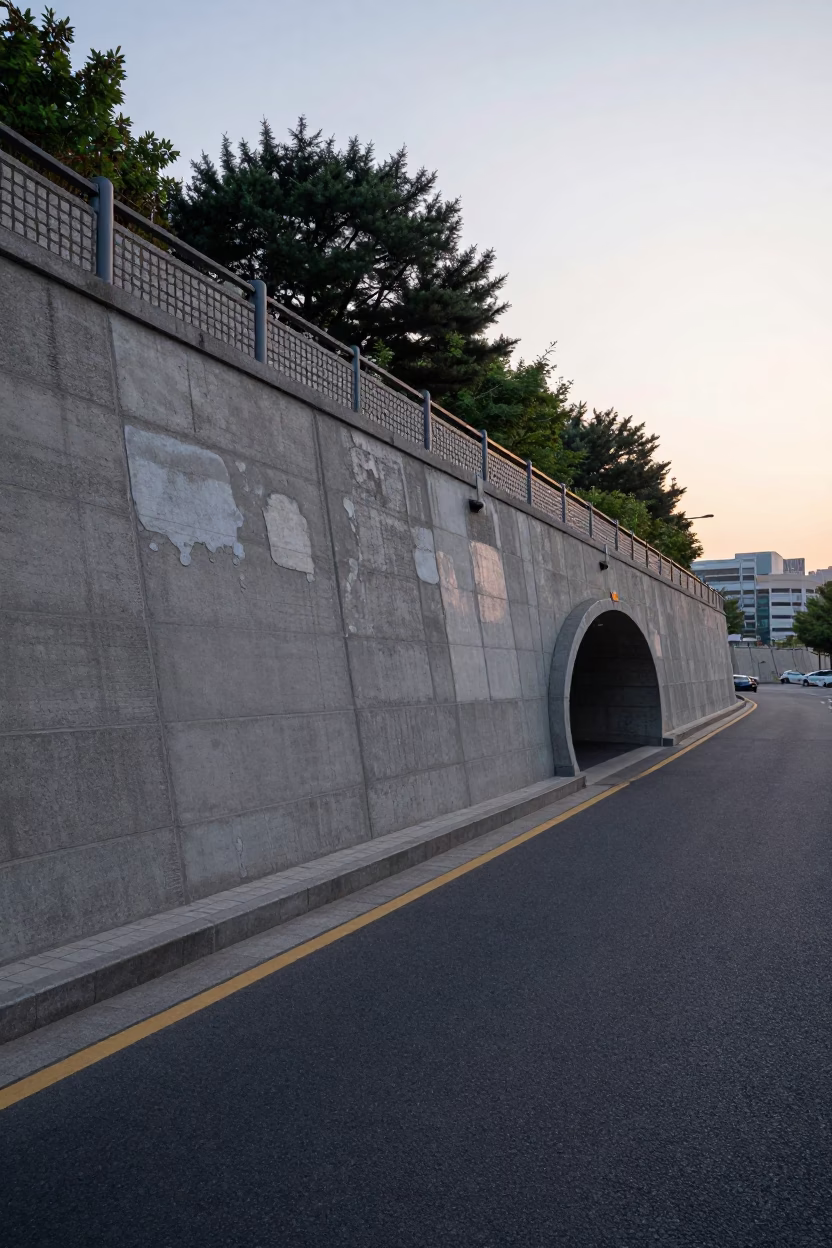 Early Morning Seoul Street Scene with Tunnel Retaining Wall and Urban Architecture in in Seoul, South Korea