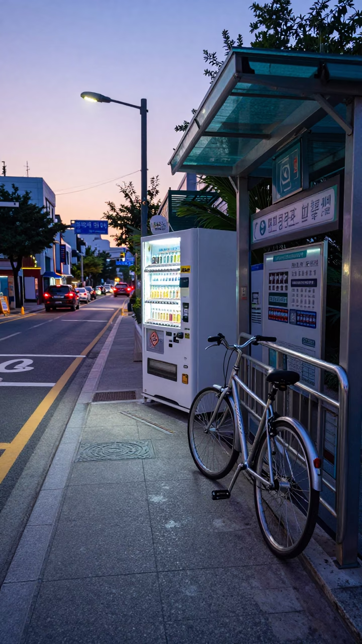 Early morning Seoul street scene with vending machine and parked bicycle in South Korea in in Seoul, South Korea