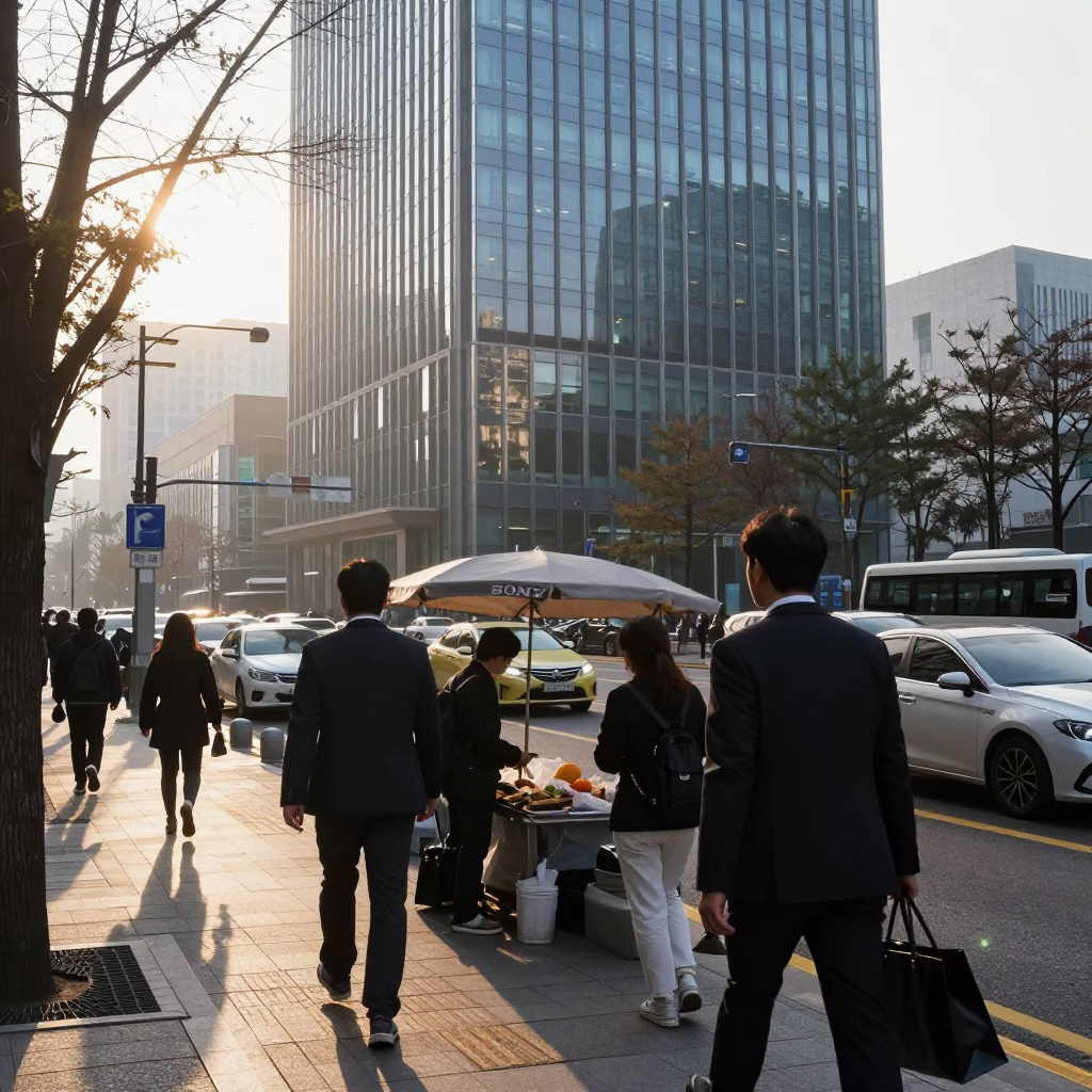 Early Morning Seoul Street Scene with Vendor and Commuters in in Seoul, South Korea