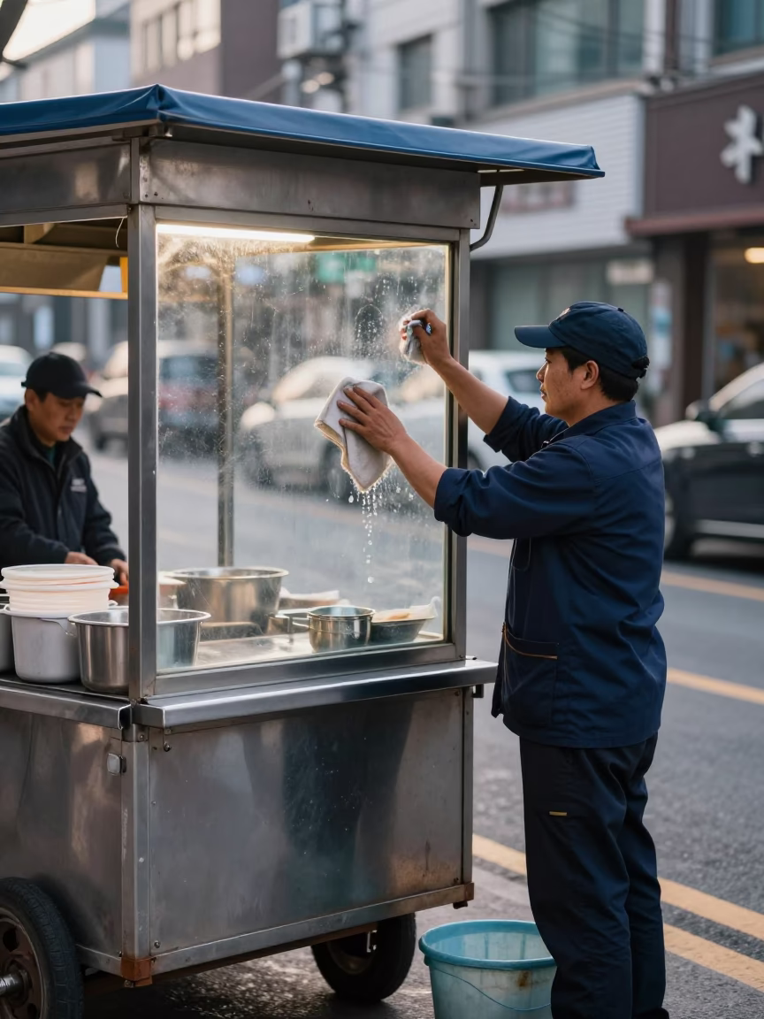 Early Morning Seoul Street Scene with Vendor Cleaning Glass and Sunlight Reflections in in Seoul, South Korea