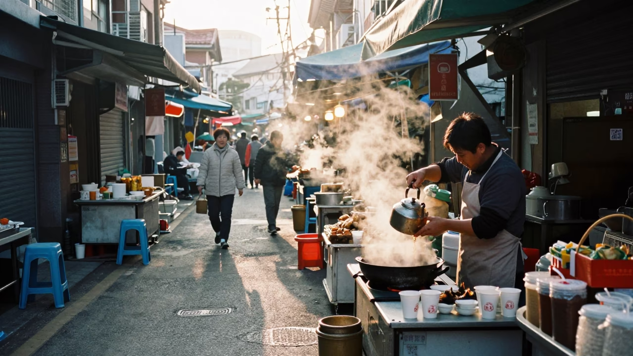 Early Morning Seoul Street Scene with Vendor Cup and Traditional Market Activity in in Seoul, South Korea