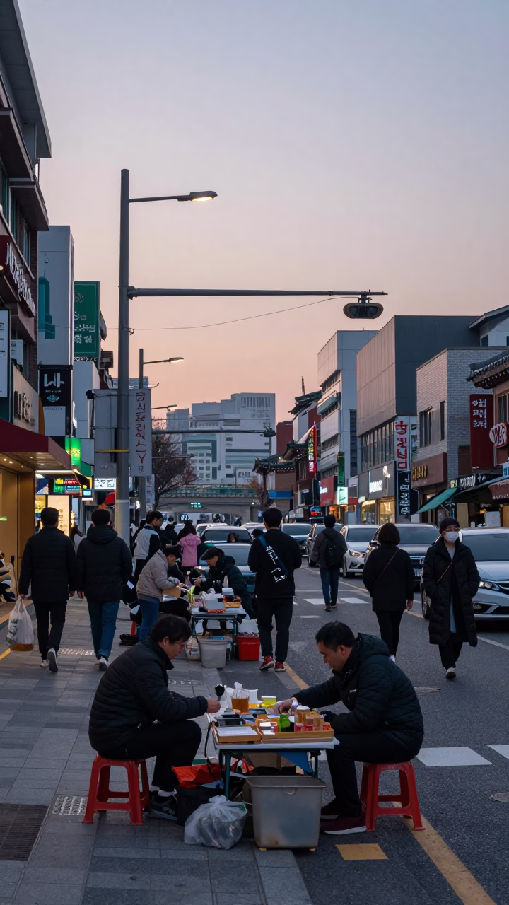 Early Morning Seoul Street Scene with Vendors and Pedestrians in in Seoul, South Korea