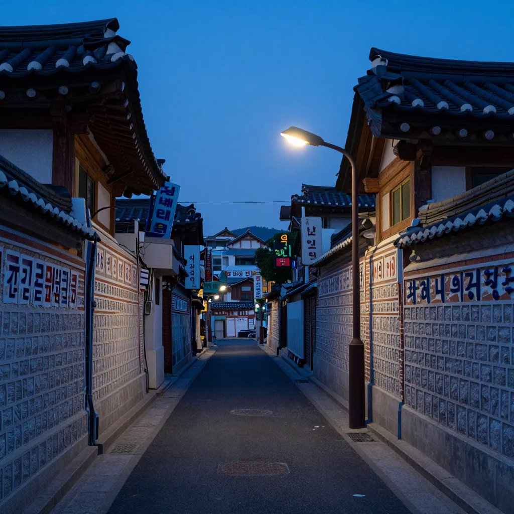 Early Morning Seoul Street Scene with Vintage 1970s Architecture and Dawn Light in in Seoul, South Korea