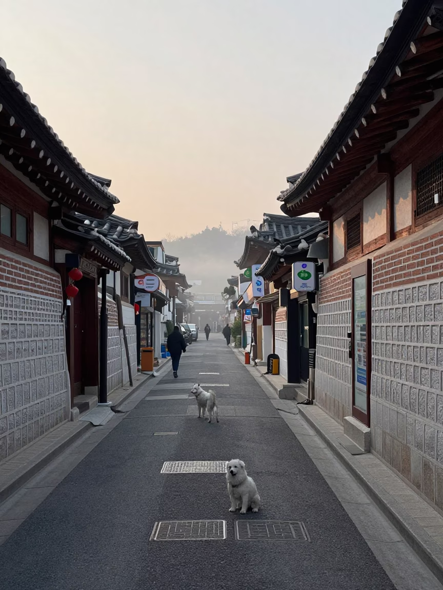Early Morning Seoul Street Scene with White Dog and Local Shop Details in in Seoul, South Korea