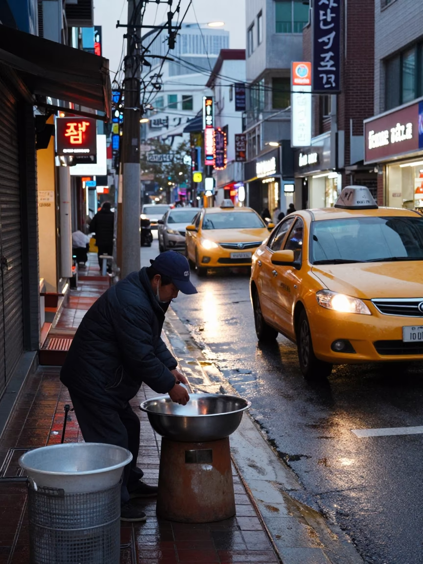 Early Morning Seoul Street Scene with Yellow Taxi and Brushed Steel Basin in in Seoul, South Korea