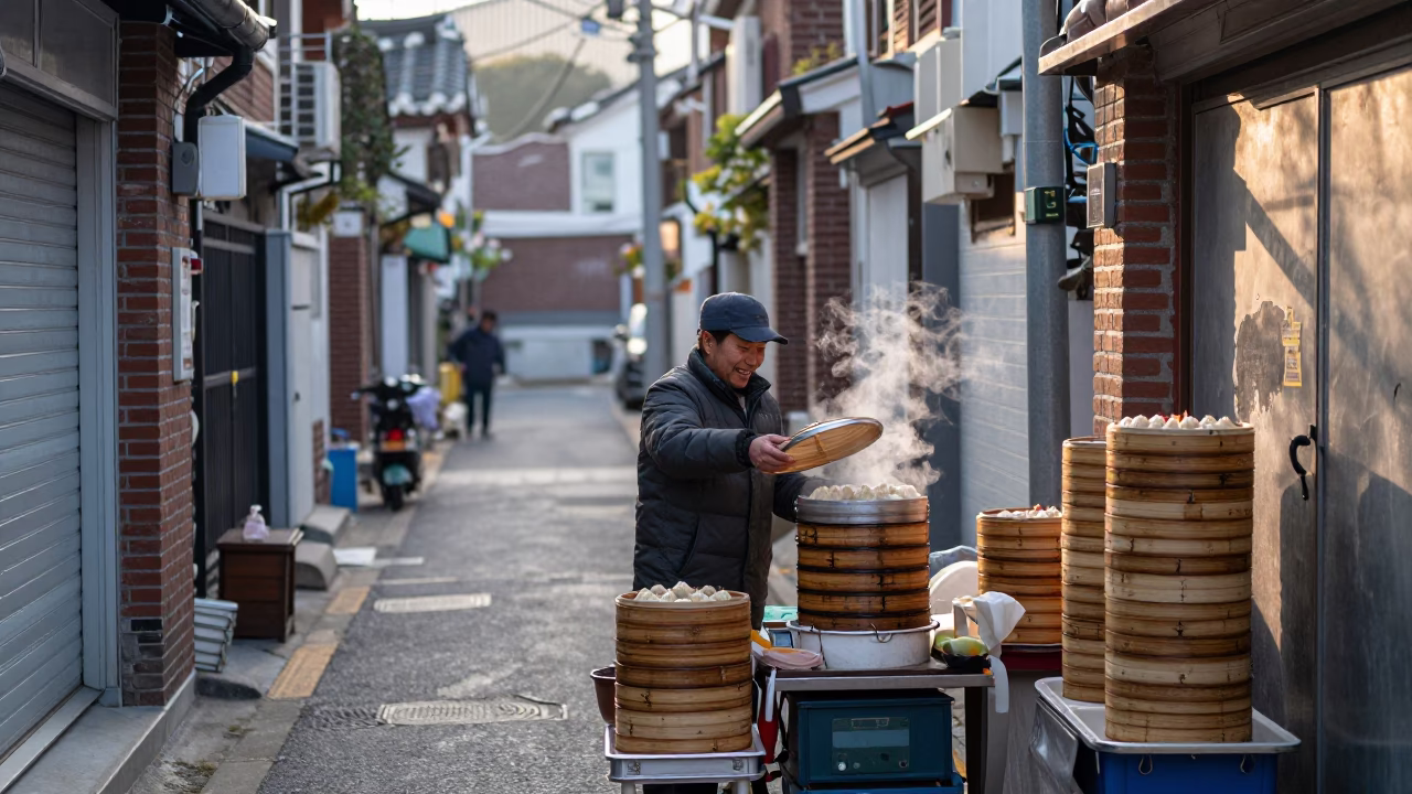 Early Morning Seoul Street Vendor Preparing Dim Sum Before Sunrise in in Seoul, South Korea