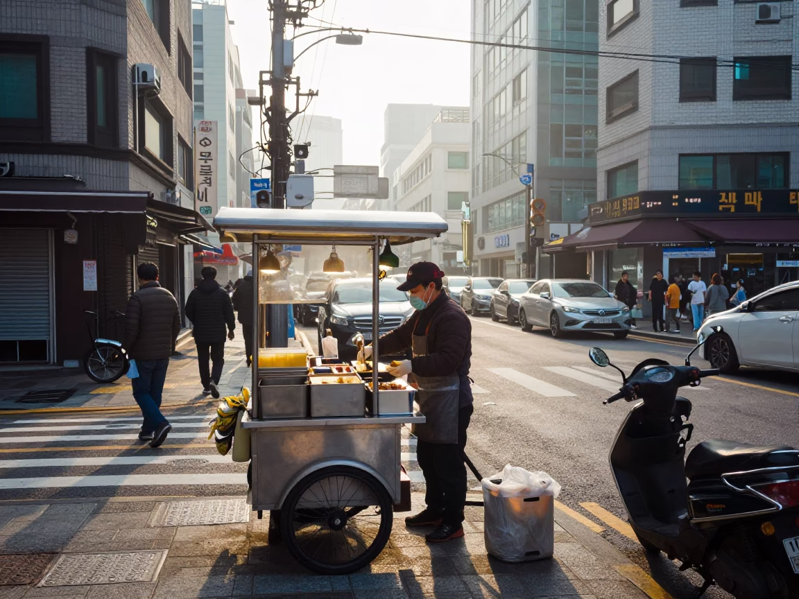 Early Morning Seoul Street Vendor Preparing Food Near Subway Entrance in in Seoul, South Korea