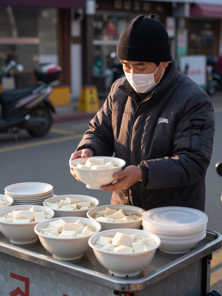 Early Morning Seoul Street Vendor Selling Traditional Korean Taho Breakfast in in Seoul, South Korea
