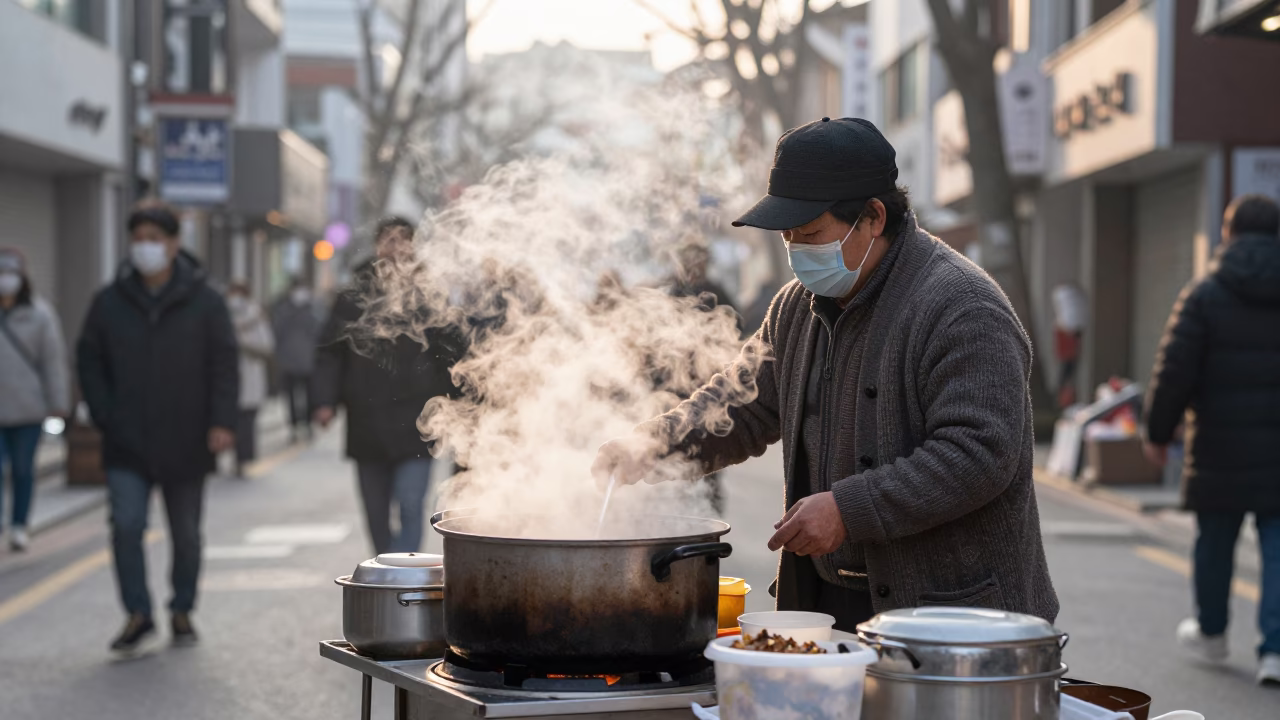 Early Morning Seoul Street Vendor with Steam and Cardigan in in Seoul, South Korea