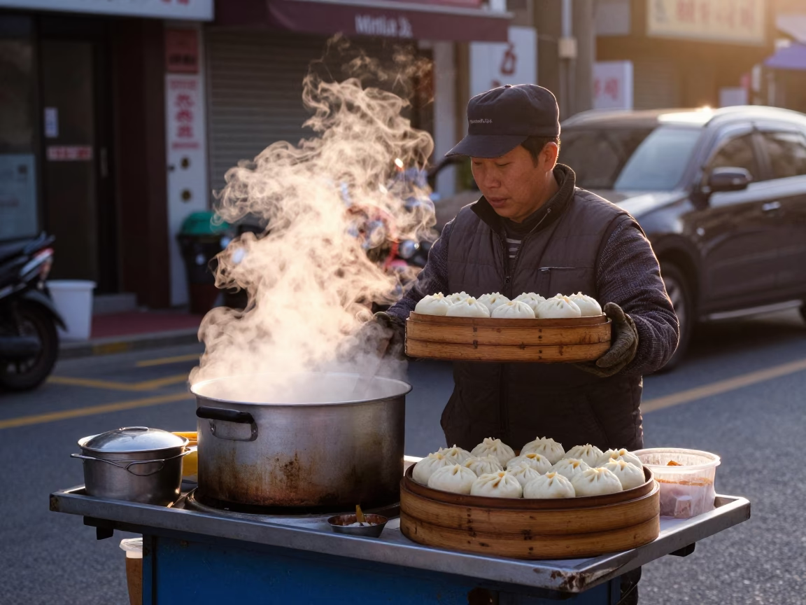 Early Morning Seoul Street Vendor with Wooden Tray and Tea Infuser Spoon in in Seoul, South Korea
