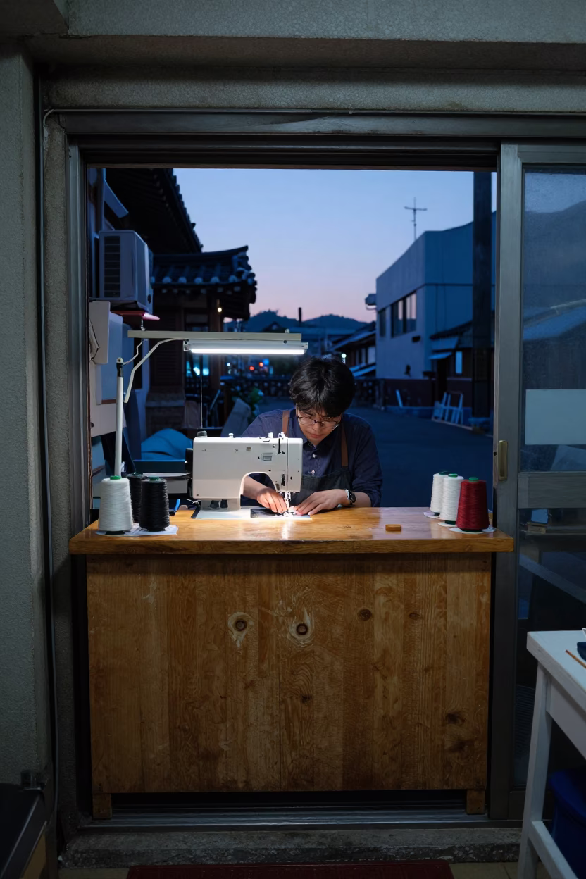 Early Morning Seoul Workshop Grease Stained Counter and Sewing Tools Before Sunrise in in Seoul, South Korea