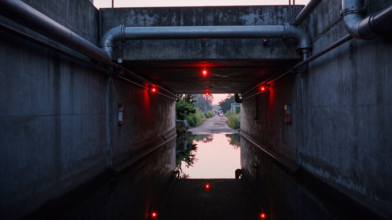 Early Morning Service Tunnel Sump Reflecting Blinking Indicators in Phuket Thailand in in Phuket, Thailand