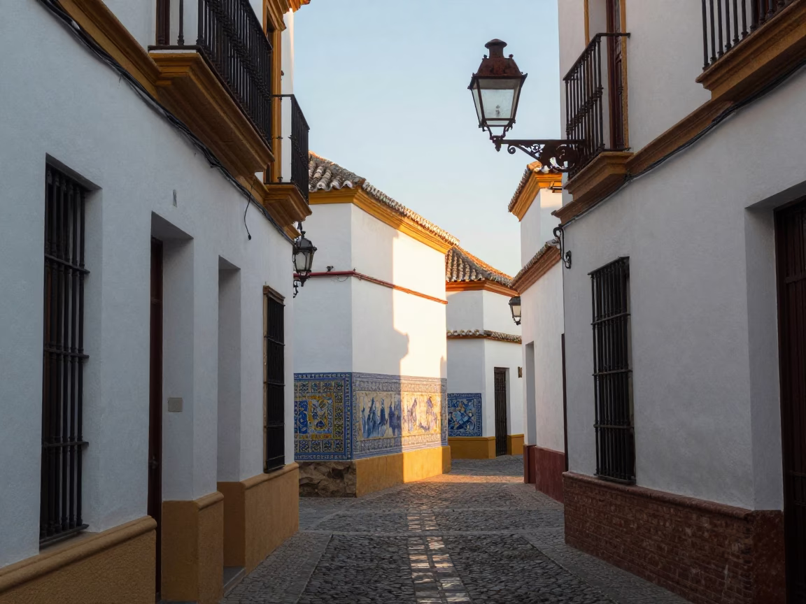 Early Morning Seville Alley with Vintage Lantern and Traditional Railing in in Seville, Spain