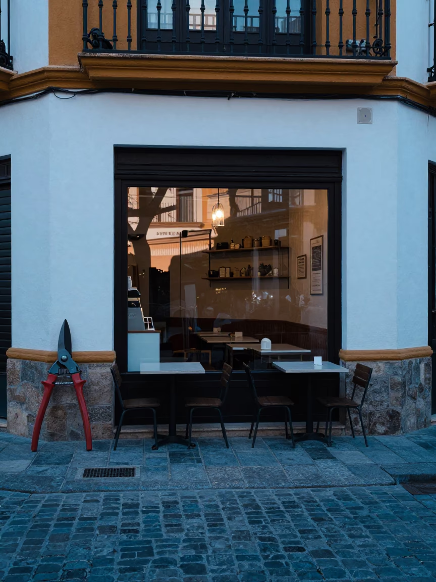 Early Morning Seville Cafe Scene with Pruning Shears and Coffee Cup in in Seville, Spain
