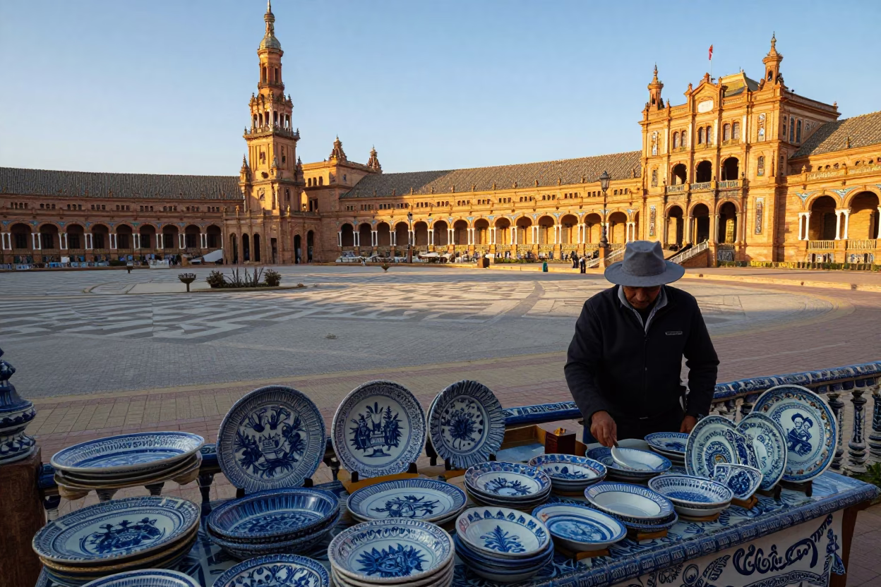 Early Morning Seville Plaza with Blue and White Porcelain and Rusty Tile Grout in in Seville, Spain