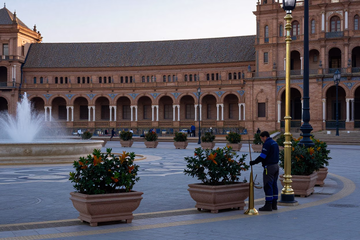 Early Morning Seville Plaza with Brass Hardware and Pruning Shears in in Seville, Spain