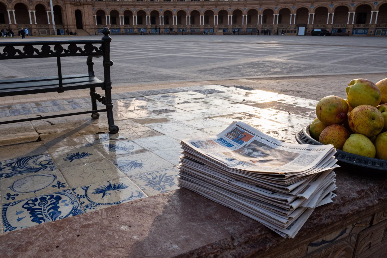 Early Morning Seville Plaza with Newspaper Stack and Fruit Tarts at First Light in in Seville, Spain