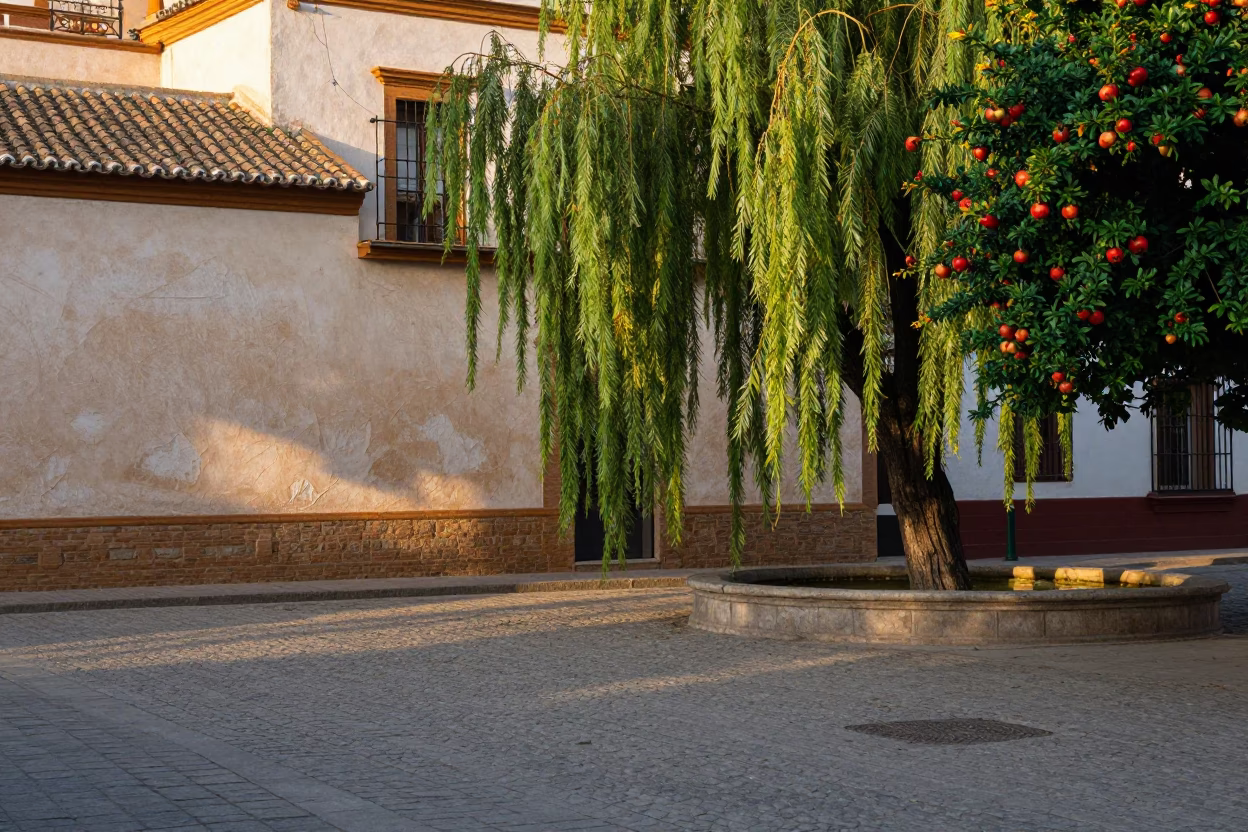 Early Morning Seville Plaza with Weeping Willow and Pomegranate Market Stall in in Seville, Spain