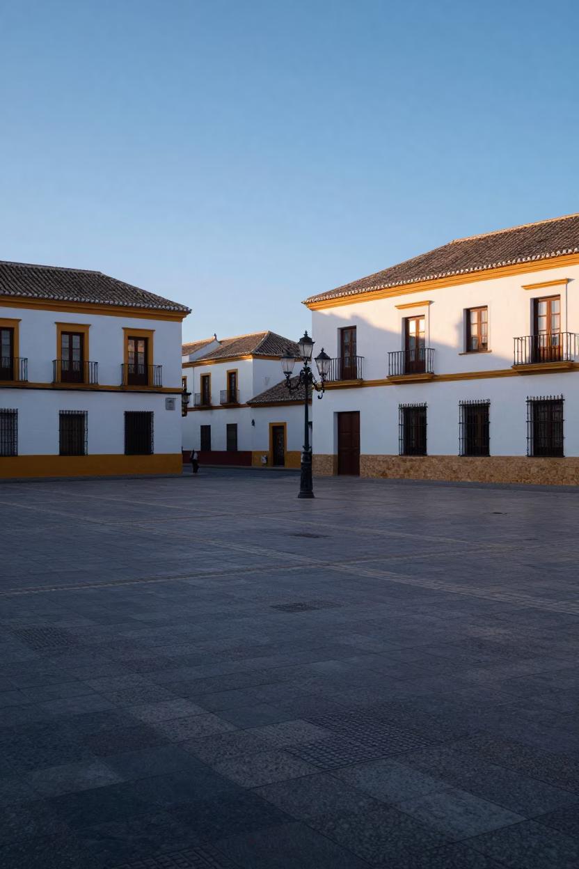 Early Morning Seville Plaza with White Washed Walls and Morning Light in in Seville, Spain