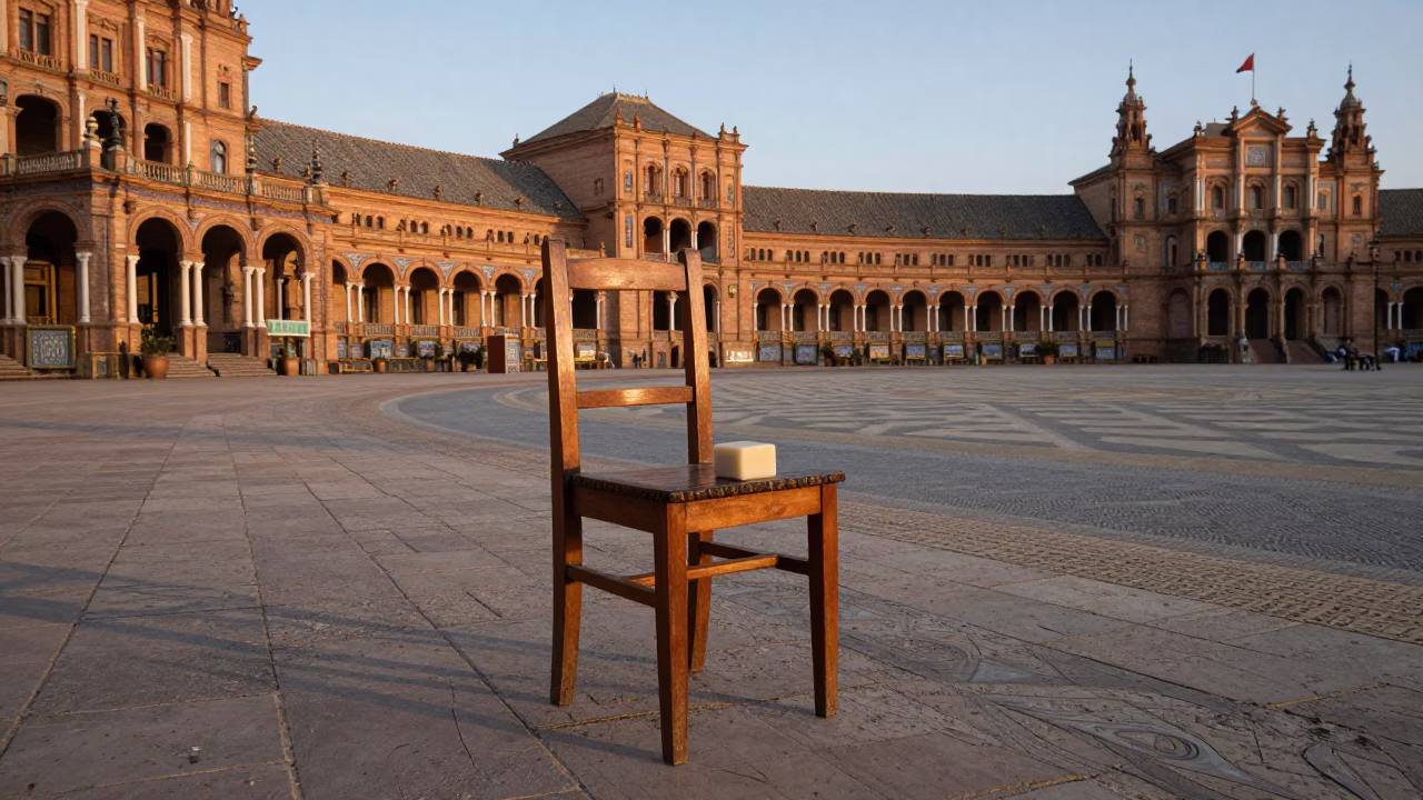 Early Morning Seville Plaza with Wooden Chair and Soap Residue at Nautical Dawn in in Seville, Spain