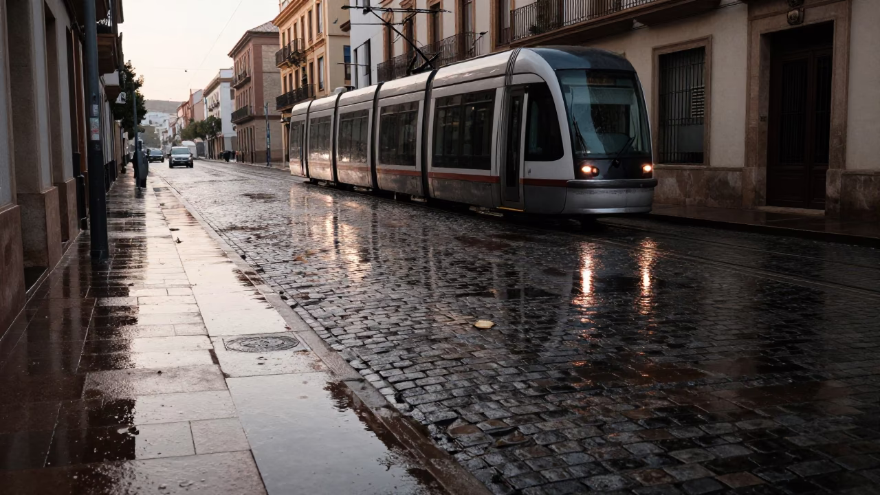 Early Morning Seville Spain Cobblestone Street Rain Reflections Tramcar in in Seville, Spain
