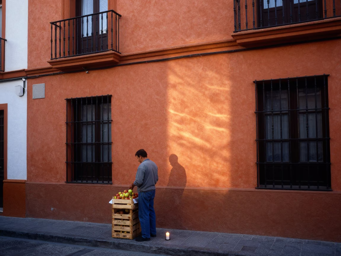 Early Morning Seville Spain Street Scene with Apples and Candle Holder in in Seville, Spain