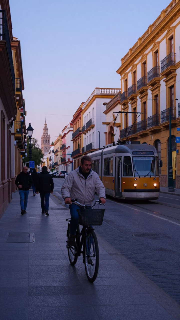 Early Morning Seville Spain Street Scene with Tram and Local Life at Dawn in in Seville, Spain