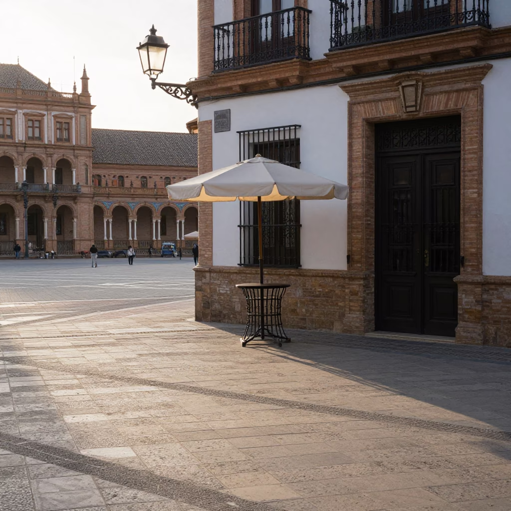 Early Morning Seville Spain Street Scene with Umbrella Stand and Local Life in in Seville, Spain