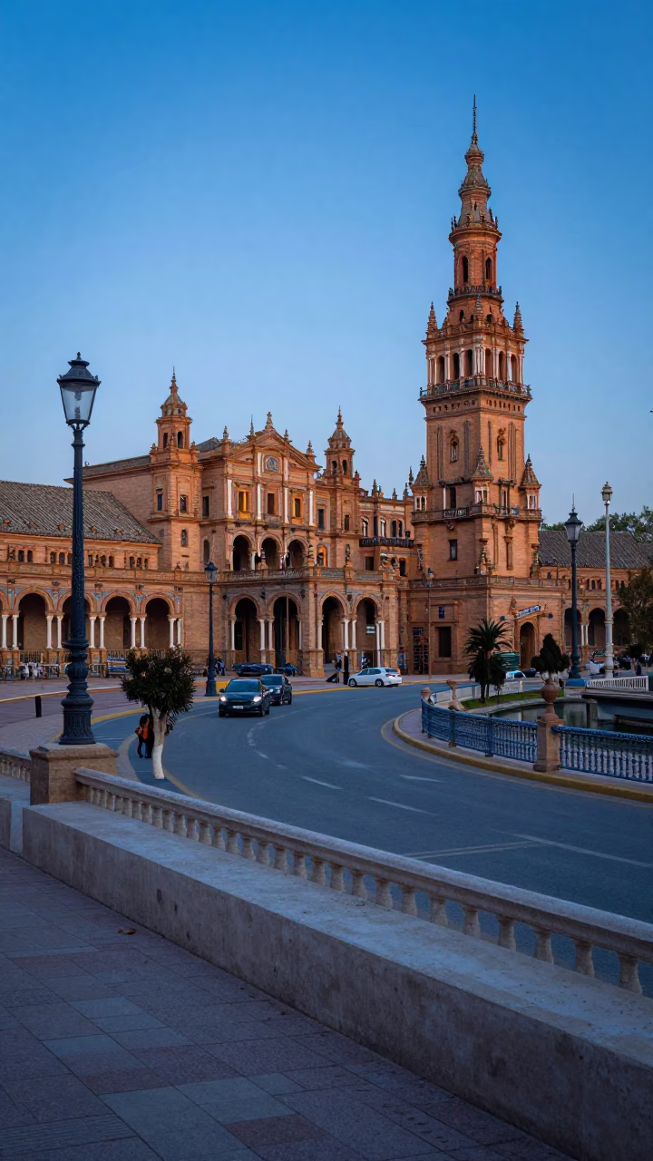 Early Morning Seville Street Scene at Nautical Dawn with Flyover Shadows in in Seville, Spain