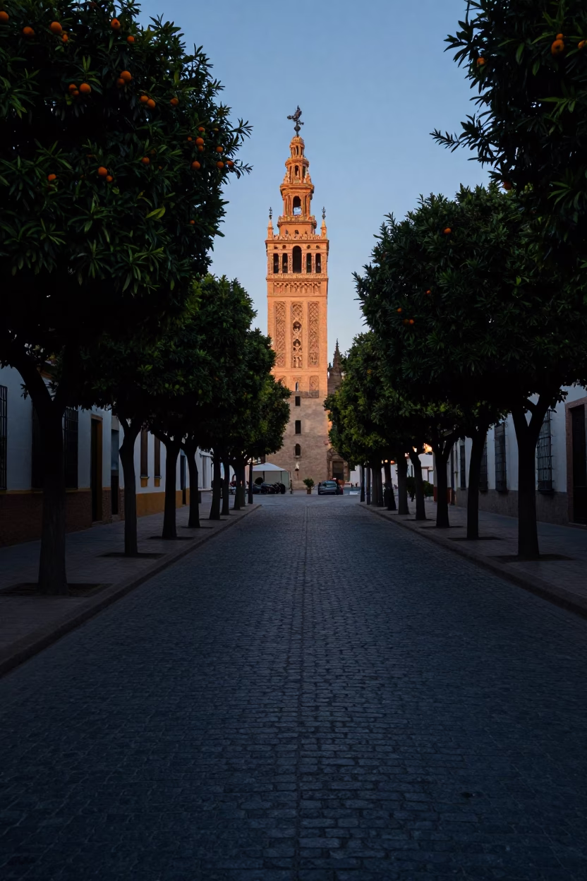 Early Morning Seville Street Scene Before Dawn with Local Breakfast Cart and Traditional Architecture in in Seville, Spain