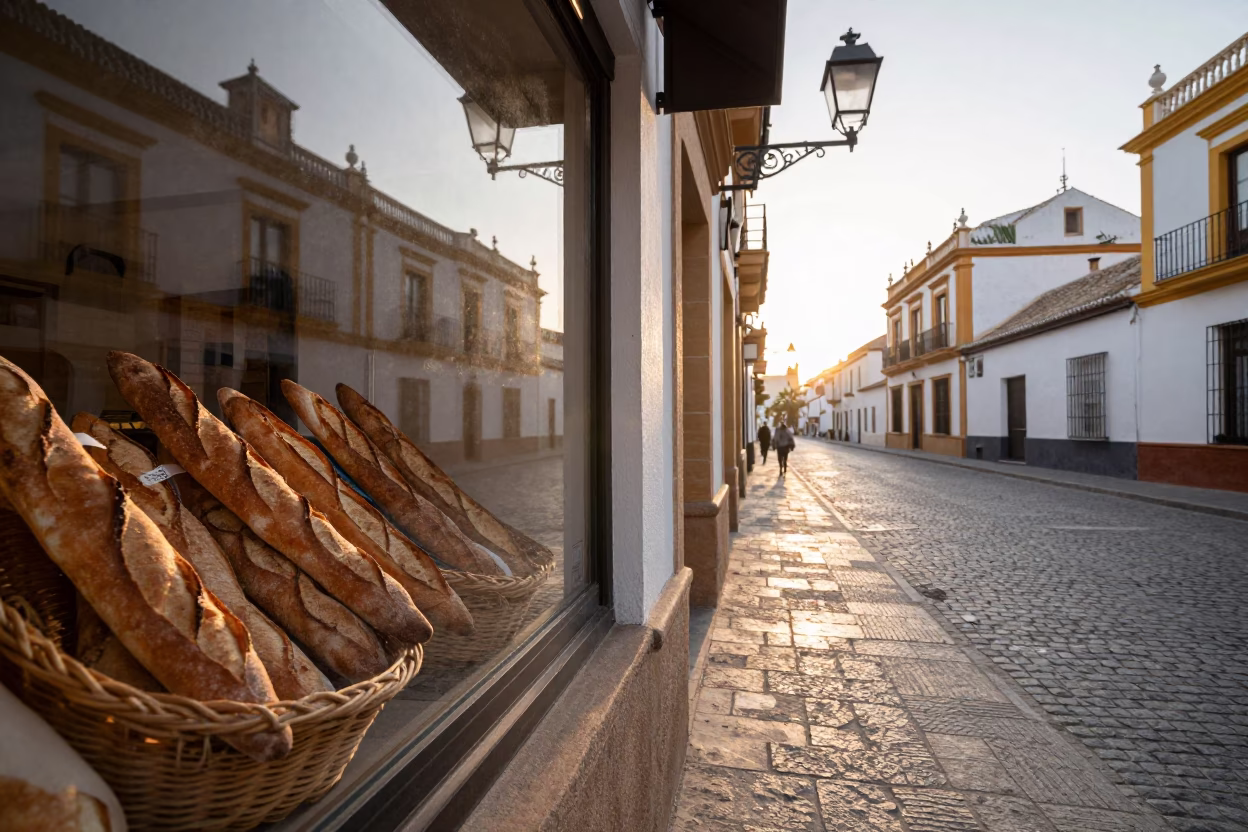 Early Morning Seville Street Scene with Baguettes and Traditional Architecture in in Seville, Spain