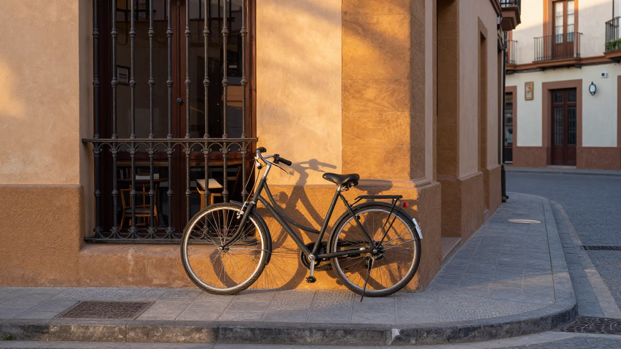 Early Morning Seville Street Scene with Bicycle and String Lights in in Seville, Spain