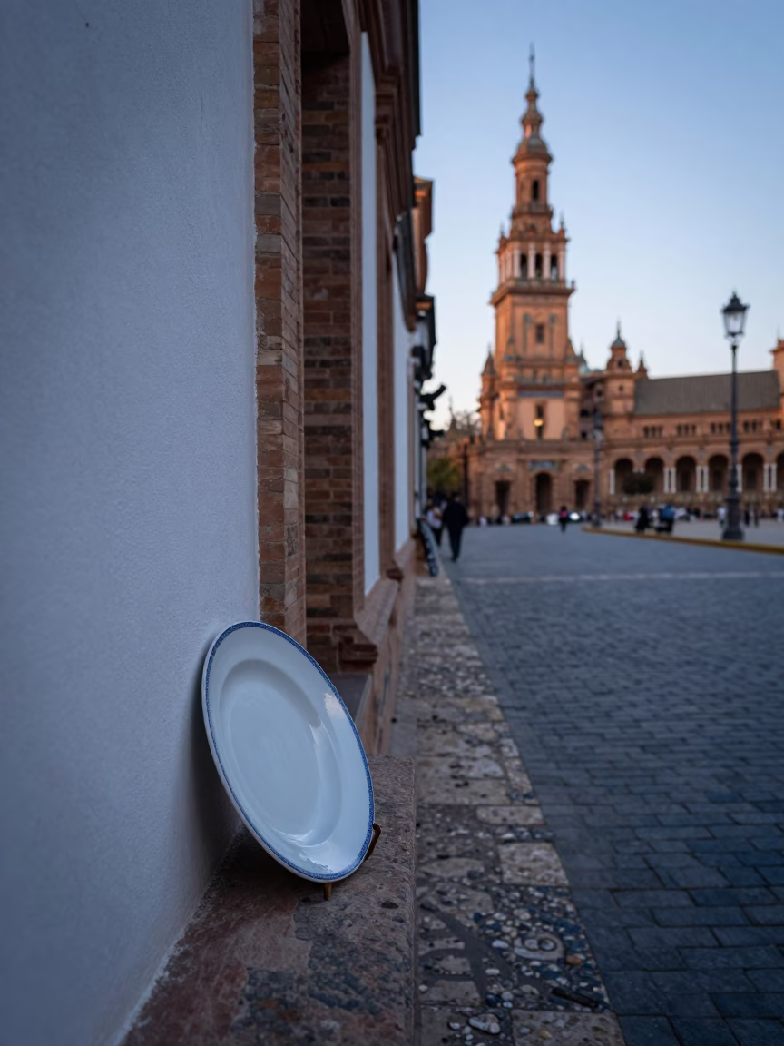 Early Morning Seville Street Scene with Blue and White Porcelain Plate and Candlestick in in Seville, Spain