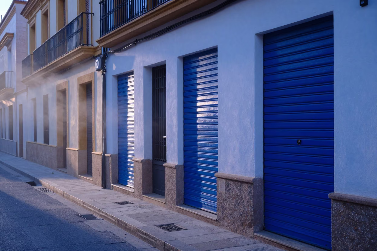 Early Morning Seville Street Scene with Blue Metal Shutters and Steam Haze Before Sunrise in in Seville, Spain