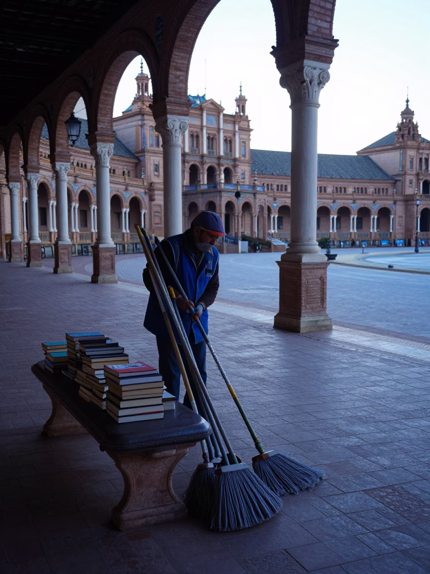 Early Morning Seville Street Scene with Books and Mops Before Sunrise in in Seville, Spain