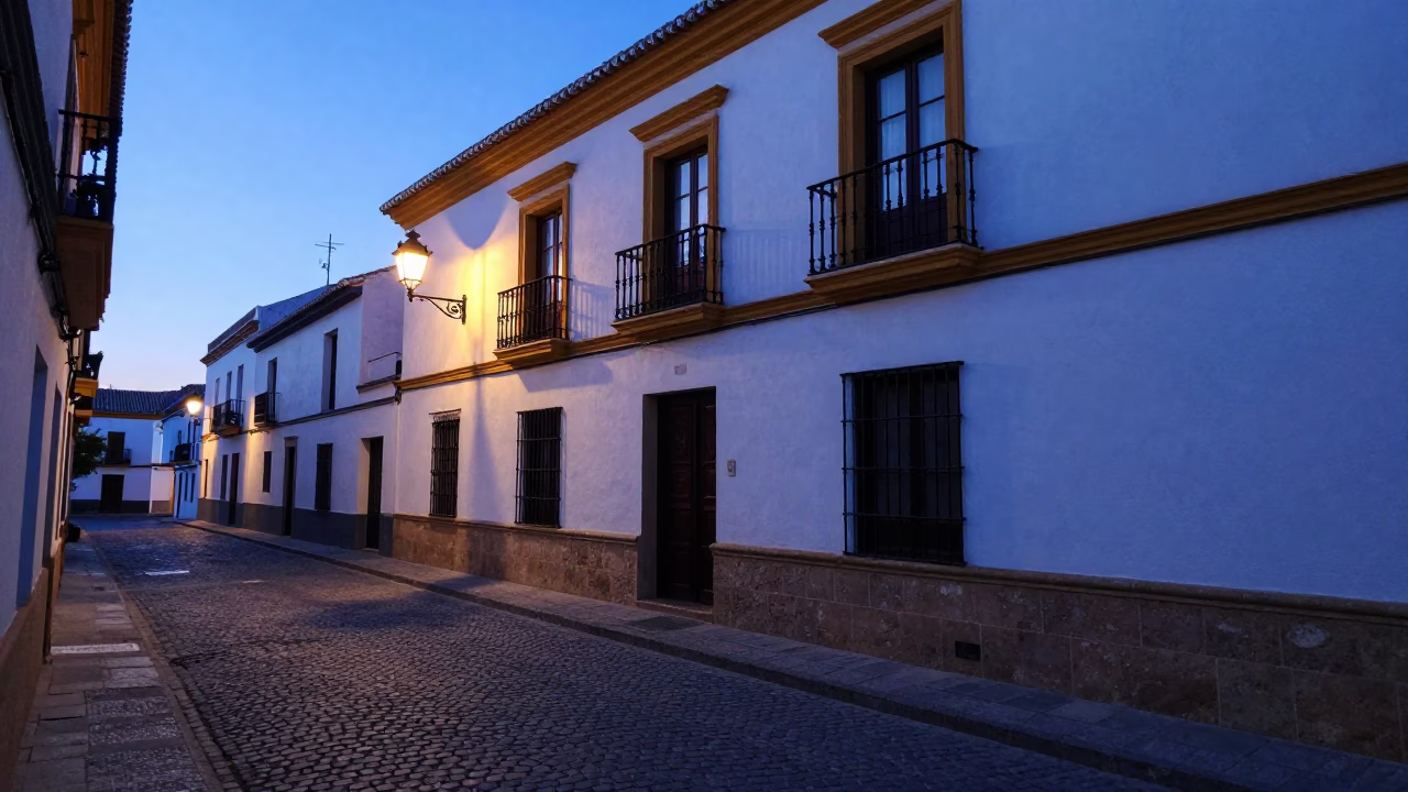 Early Morning Seville Street Scene with Cardigans and Lamp Base Water Rings in in Seville, Spain