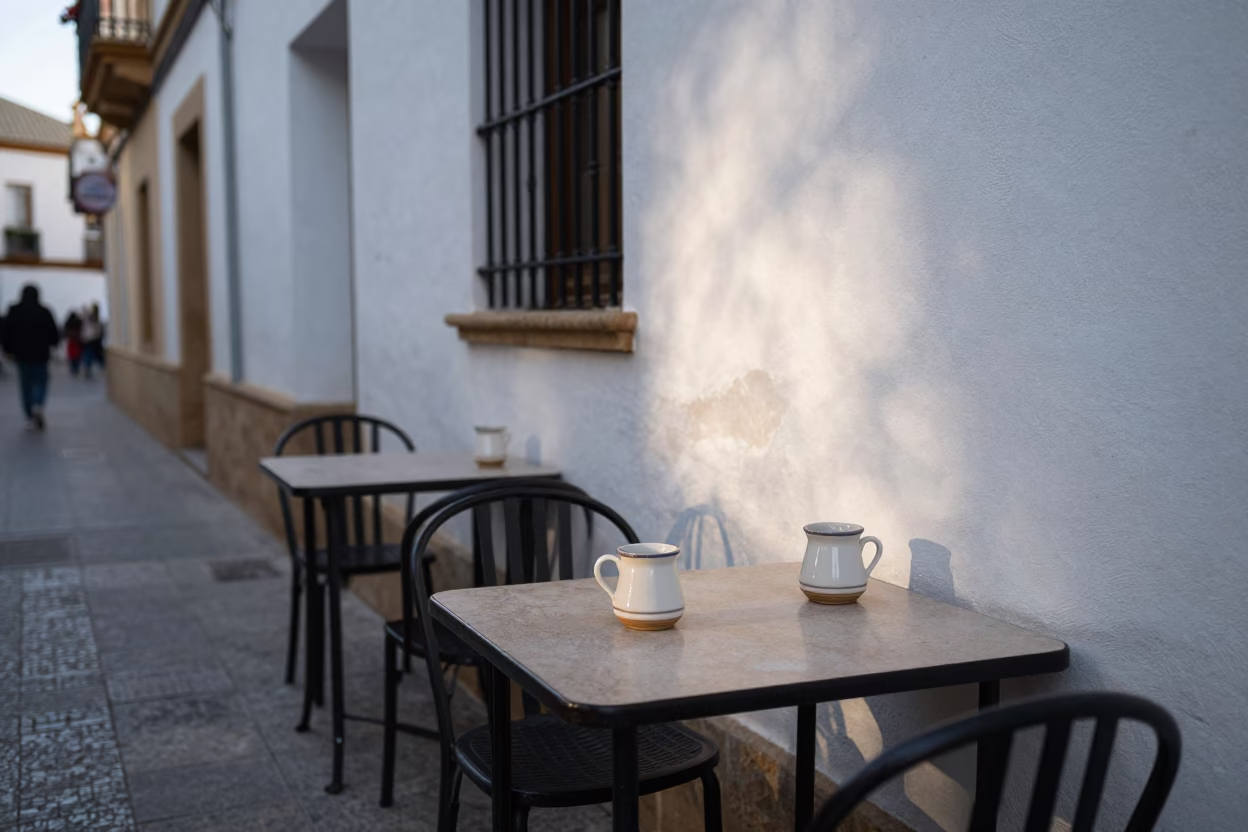 Early Morning Seville Street Scene with Ceramic Mugs and Local Morning Routine in in Seville, Spain
