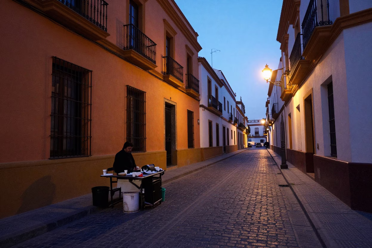 Early Morning Seville Street Scene with Coffee Vendor and Traditional Architecture Before Sunrise in in Seville, Spain