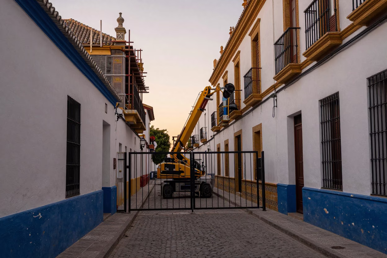 Early Morning Seville Street Scene with Construction and Local Life Before Dawn in in Seville, Spain