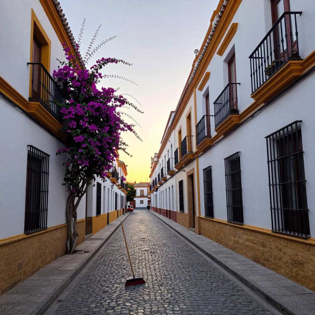 Early Morning Seville Street Scene with Hand Broom and Traditional Architecture in in Seville, Spain
